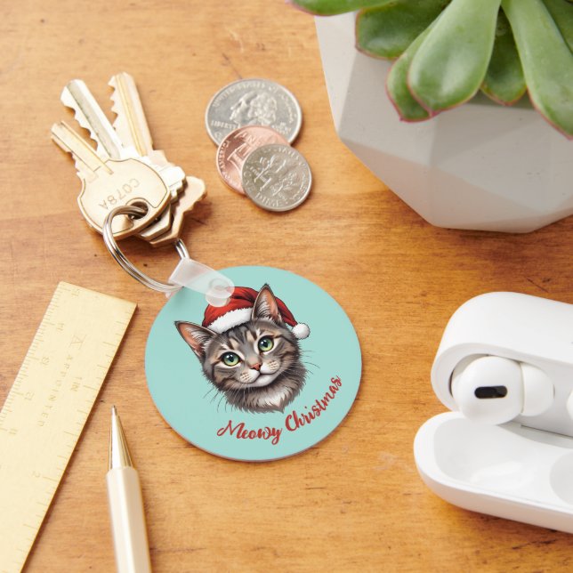 Custom Cute Christmas Cat with Santa Hat Key Ring (Desk)