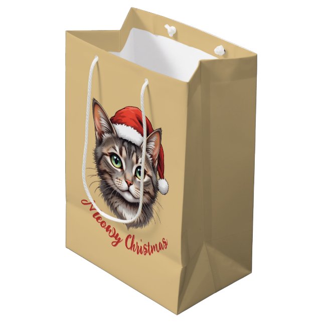 Custom Cute Christmas Cat with Santa Hat Medium Gift Bag (Front Angled)
