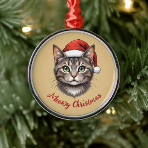 Custom Cute Christmas Cat with Santa Hat Metal Ornament
