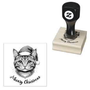 Custom Cute Christmas Cat with Santa Hat Rubber Stamp