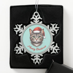 Custom Cute Christmas Cat with Santa Hat Snowflake Pewter Christmas Ornament