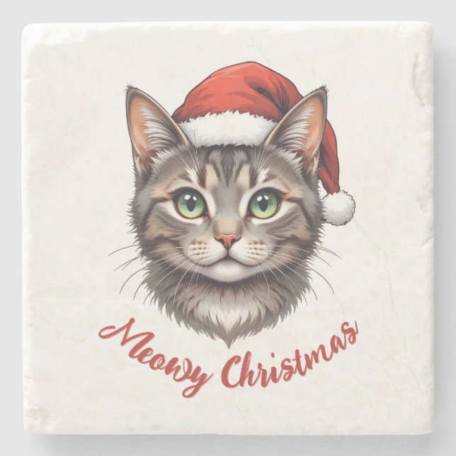 Custom Cute Christmas Cat with Santa Hat Stone Coaster (Front)