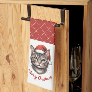 Custom Cute Christmas Cat with Santa Hat Tea Towel