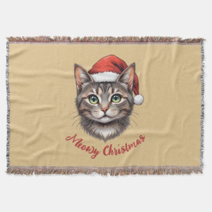 Custom Cute Christmas Cat with Santa Hat Throw Blanket