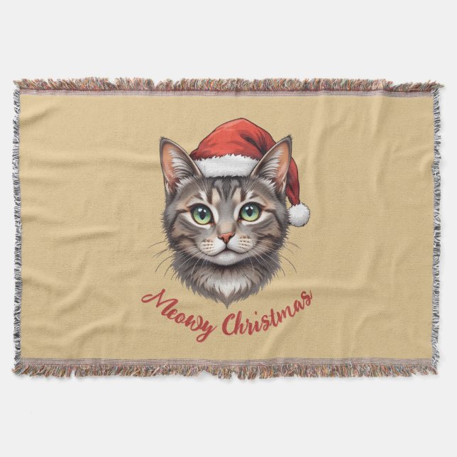 Custom Cute Christmas Cat with Santa Hat Throw Blanket (Front)