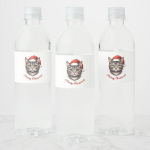 Custom Cute Christmas Cat with Santa Hat Water Bottle Label