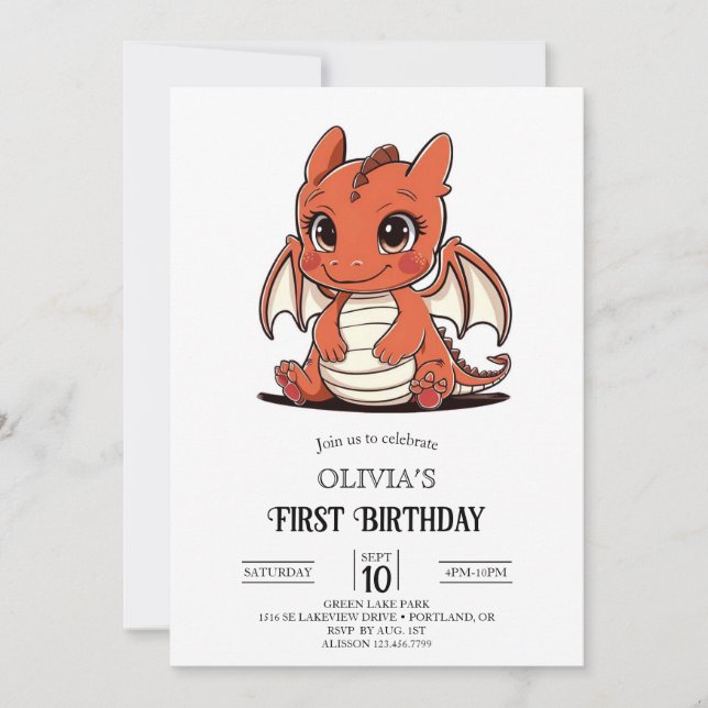 Custom Cute Digital Dragon 1st Birthday Invitation (Front)