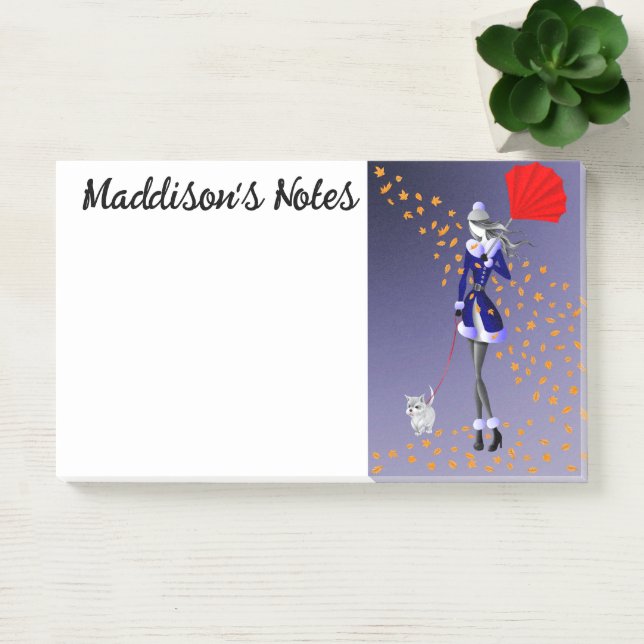 Custom Cute Dog Walker Autumn Leaves Blue Post-it Notes (Office)