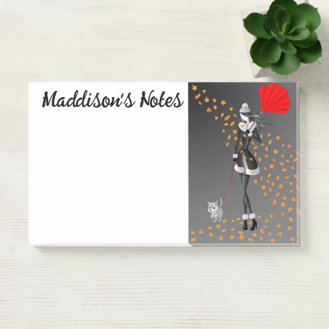 Custom Cute Dog Walker Autumn Leaves Gray  Post-it Notes (Office)