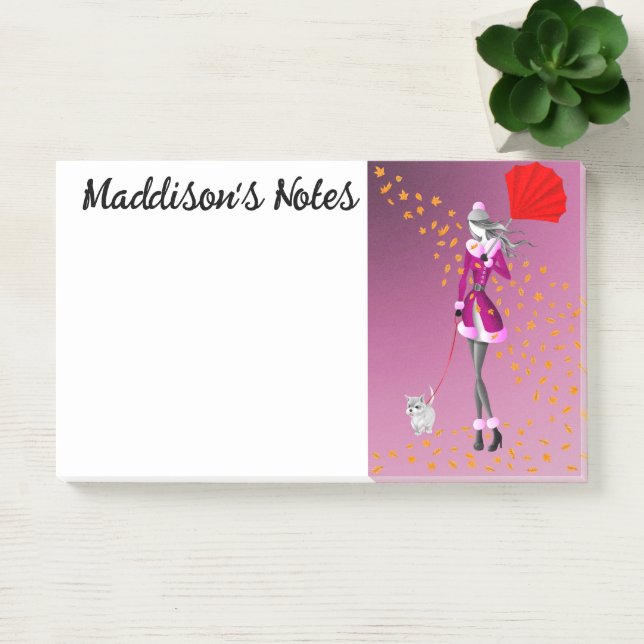 Custom Cute Dog Walker Autumn Leaves Pink Post-it Notes (Office)