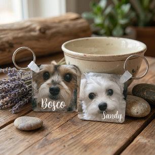 Custom cute double sided pet photo and name key ring