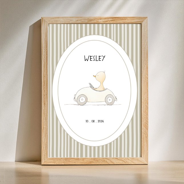 Custom Cute Duck Race Car Nursery Name Date Poster (Personalize Name and Date of this Cute Animal Nursery poster )