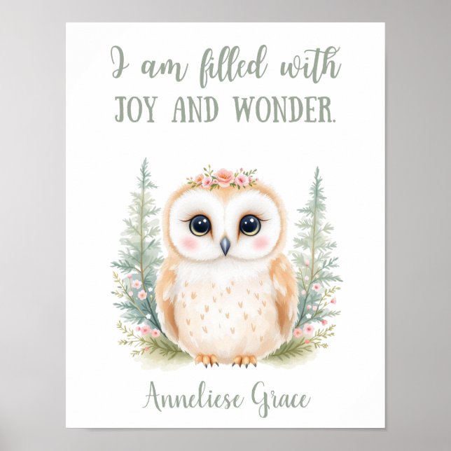 Custom Cute Elegant Owl Woodland Animal Nursery Poster (Front)