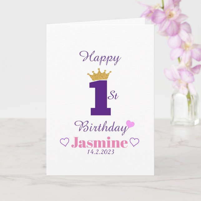 Custom Cute Elegant White Baby Happy 1st Birthday  Card (Orchid)