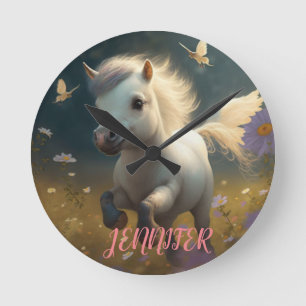 Custom cute floral Unicorns flying little pony    Round Clock