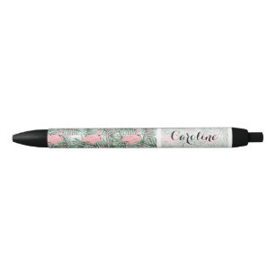 Custom Cute Fun Pink Flamingoes Palm Leafs Pattern Black Ink Pen
