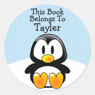 Custom Cute Funny Cartoon Penguin Blue Stripes Classic Round Sticker