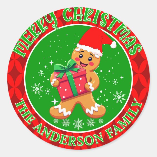Custom Cute Gingerbread Man Merry Christmas  Classic Round Sticker (Front)