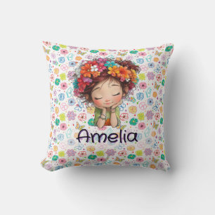 Custom Cute Girl Floral Name Pillow