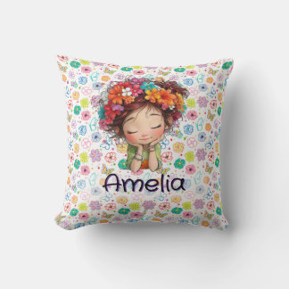 Custom Cute Girl Floral Name Pillow