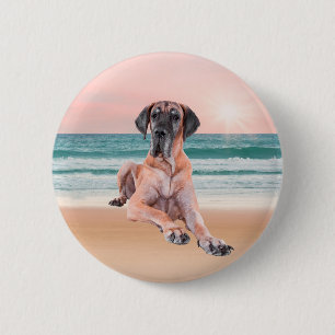 Custom Cute Great Dane Dog Sitting on Beach 6 Cm Round Badge
