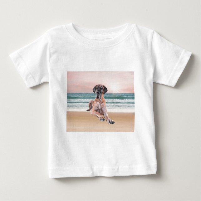Custom Cute Great Dane Dog Sitting on Beach Baby T-Shirt (Front)