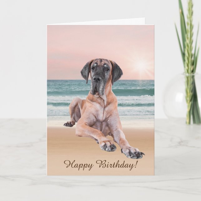 Custom Cute Great Dane Dog Sitting on Beach Card (Front)