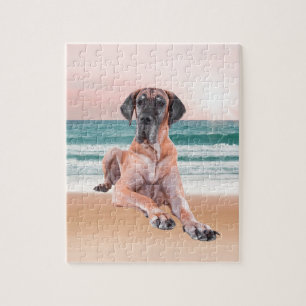 Custom Cute Great Dane Dog Sitting on Beach Jigsaw Puzzle