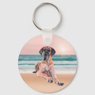 Custom Cute Great Dane Dog Sitting on Beach Key Ring