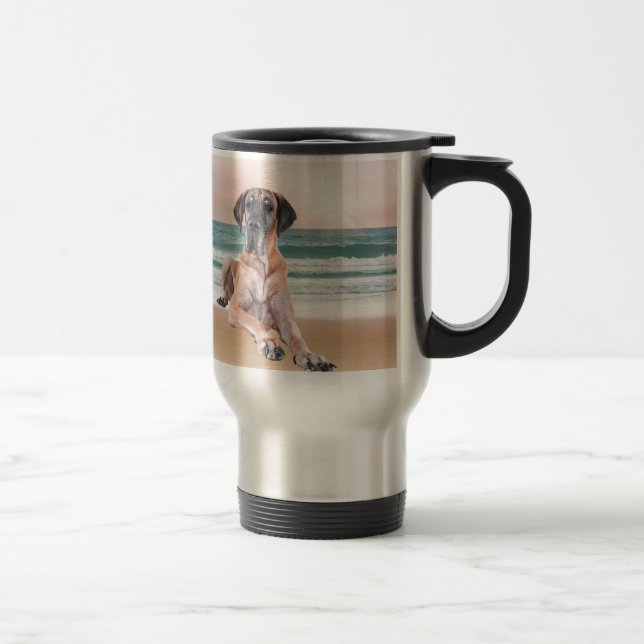 Custom Cute Great Dane Dog Sitting on Beach Travel Mug (Right)