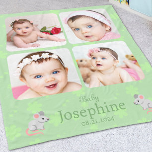 Custom Cute Green Baby Name Photo Fleece Blanket