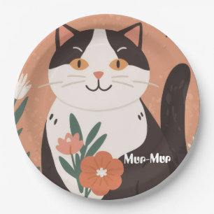 Custom Cute Happy Cat with Spring Flowers Paper Plate