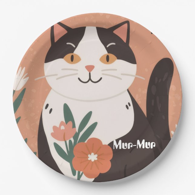 Custom Cute Happy Cat with Spring Flowers  Paper Plate (Front)