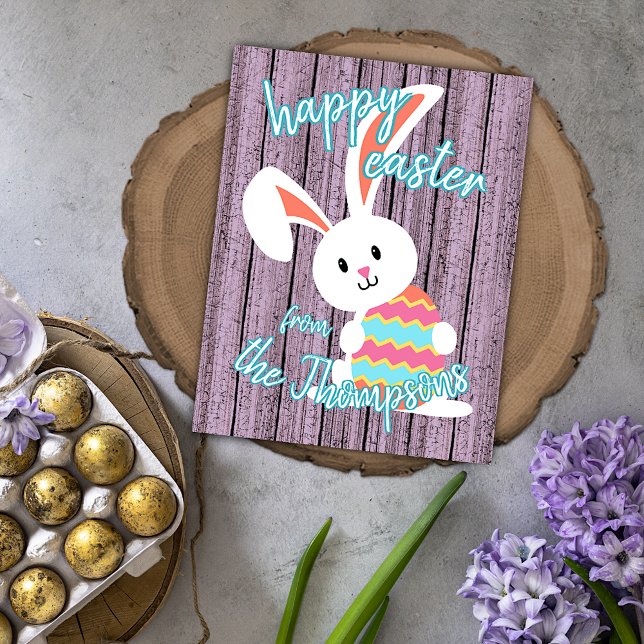 Custom Cute Happy Easter Bunny with Colored Egg Card (Creator Uploaded)