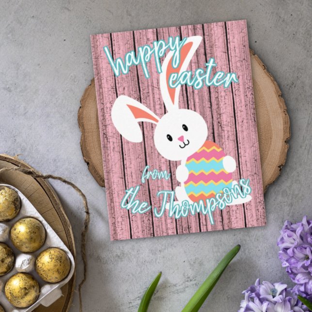 Custom Cute Happy Easter Bunny with Colored Egg Holiday Card (Creator Uploaded)