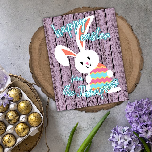 Custom Cute Happy Easter Bunny with Coloured Egg Holiday Card (Creator Uploaded)