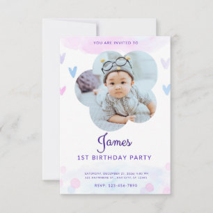 Custom Cute Hearts Photo Birthday Invitation