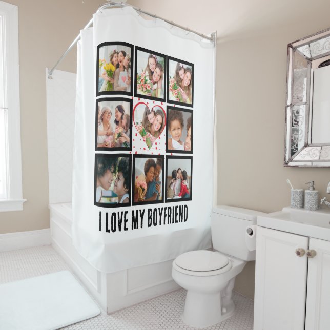 Custom Cute I love my boyfriend 9 Photo collage Shower Curtain (In Situ)
