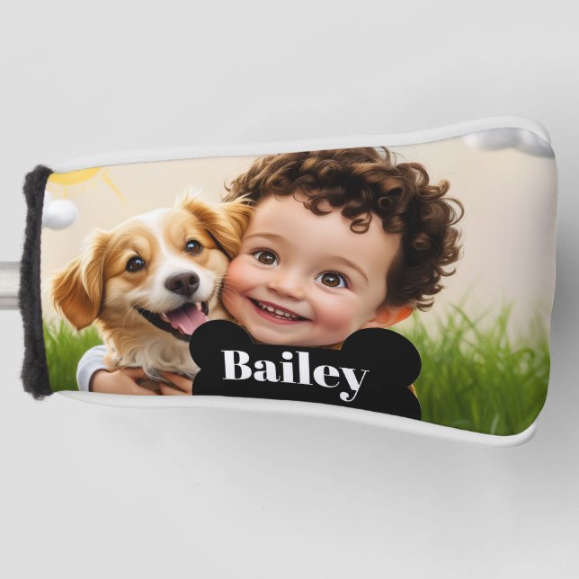 Custom Cute Kid & Dog Personalized Pet Name Golf Head Cover (Front)