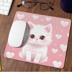 Custom Cute Kitten Valentine's Day White Pink  Mouse Pad
