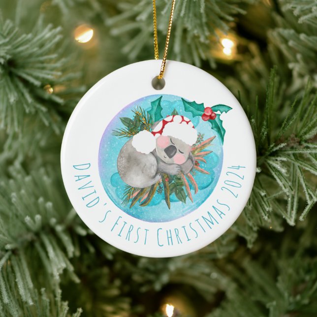 Custom Cute Koala First Christmas Ceramic Ornament (Tree)