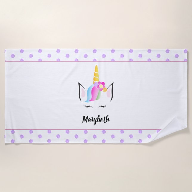 Custom Cute Magical colourful Flower Unicorn Beach Towel (Front)