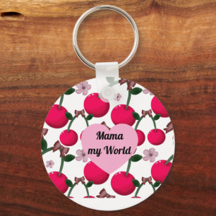Custom Cute Mama My World Floral Cherry Heart  Key Ring