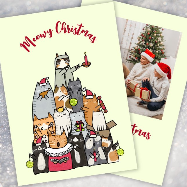 Custom Cute Meowy Christmas Cartoon Cats Photo Holiday Card (Creator Uploaded)