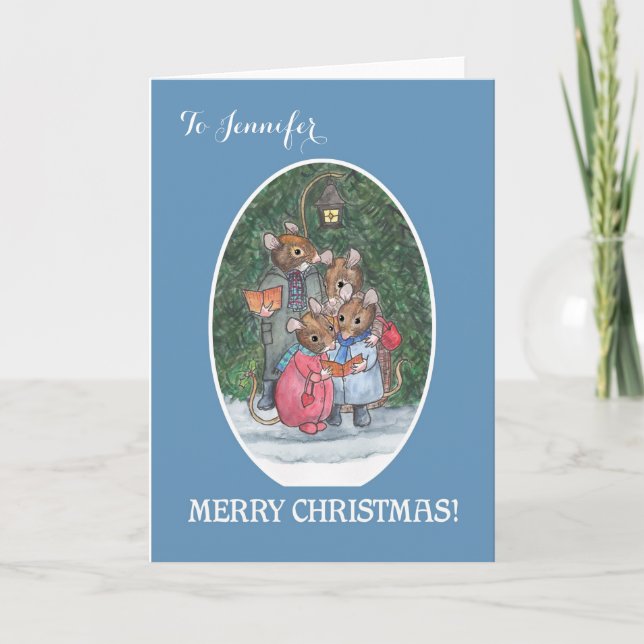 Custom Cute Mice Carol Singers Merry Christmas Holiday Card (Front)