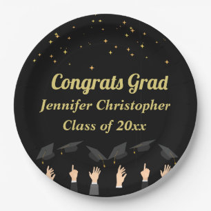 Custom Cute modern Classic Black & Gold Graduation Paper Plate