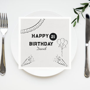 Custom Cute Modern Grey& Black Happy 21st birthday Napkin
