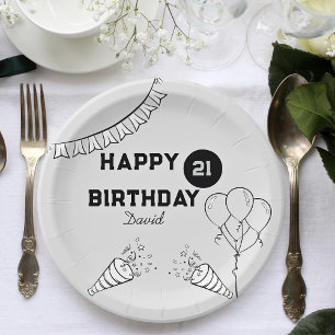 Custom Cute Modern Grey& Black Happy 21st birthday Paper Plate