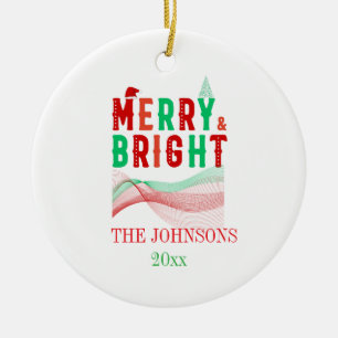 Custom Cute Modern merry and Bright Christmas Ceramic Ornament
