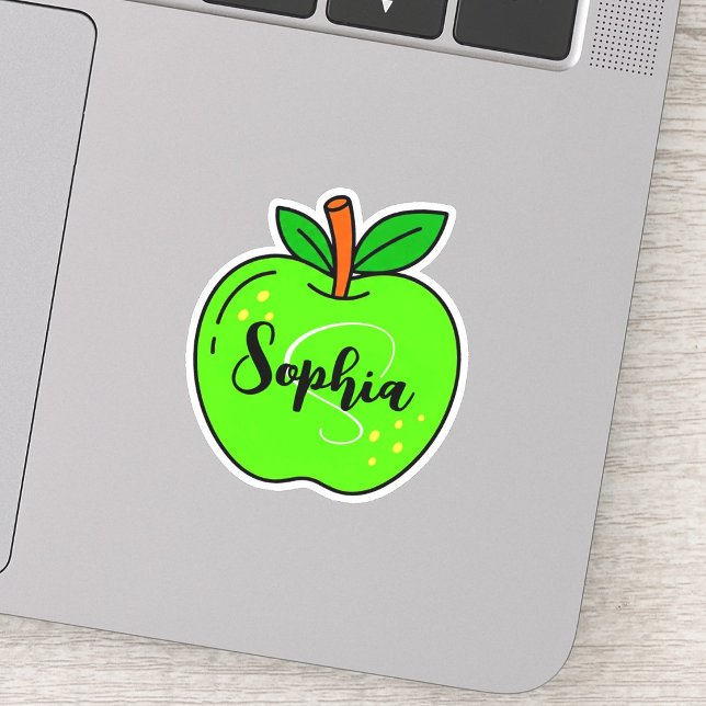 Custom Cute Name & Monogram | Green Apple Teacher (Personalized green apple teacher sticker, custom monogram name decal, cute green apple teacher gift)
